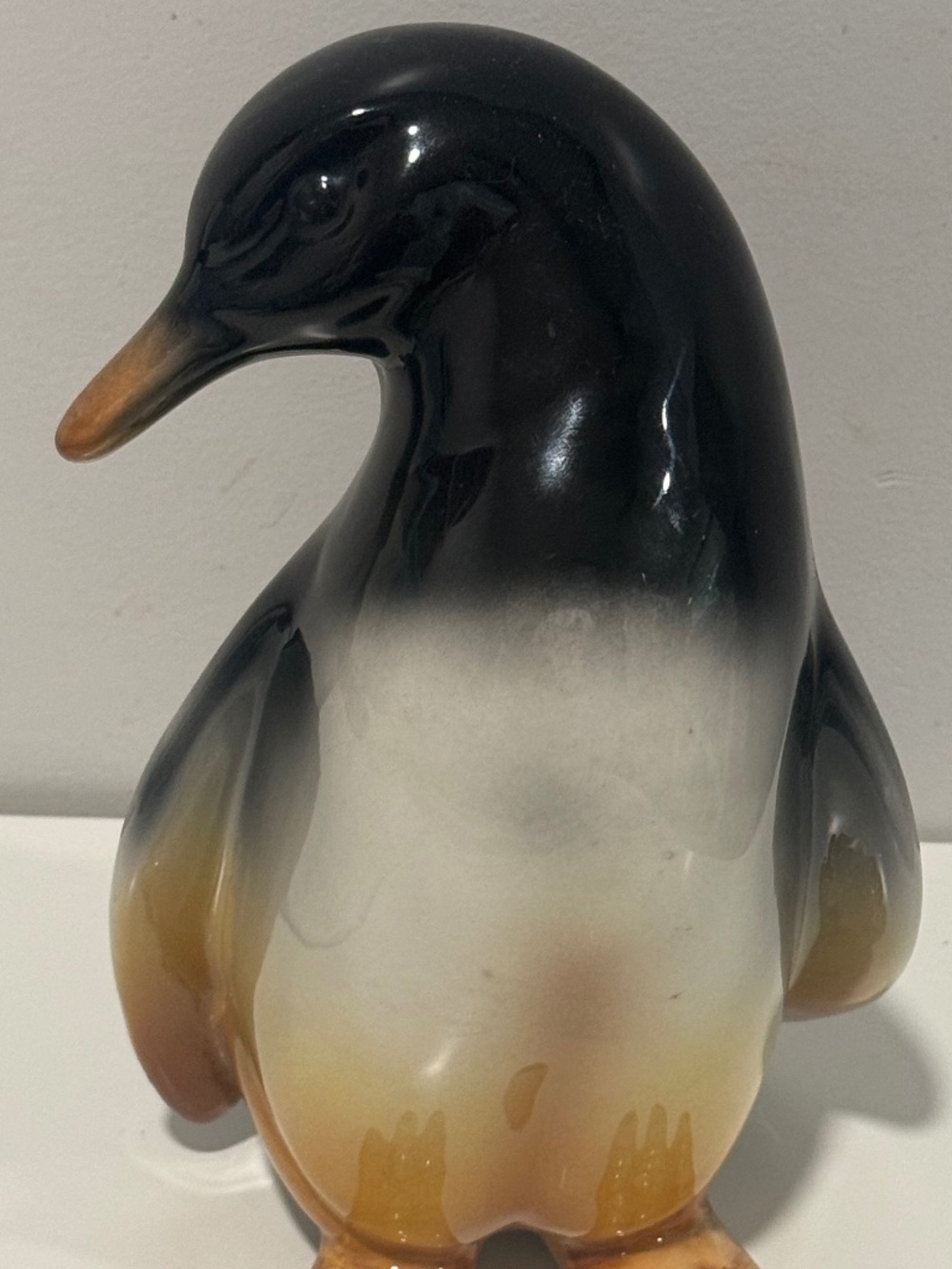 Vintage Ceramic Penguin Figurine - Black White Glossy - Mid Century Kitsch - 6"